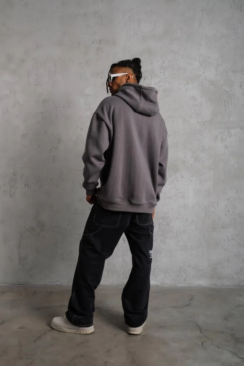 Erkek Düz Kapüşonlu Sweat - Gri Görsel 2