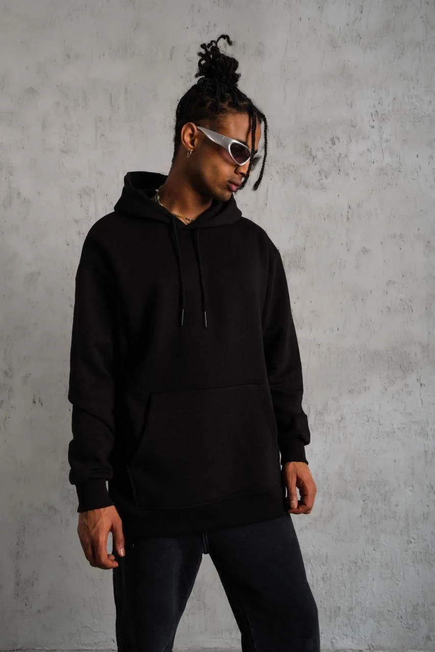 Erkek Düz Kapüşonlu Sweat - Siyah Görsel 4