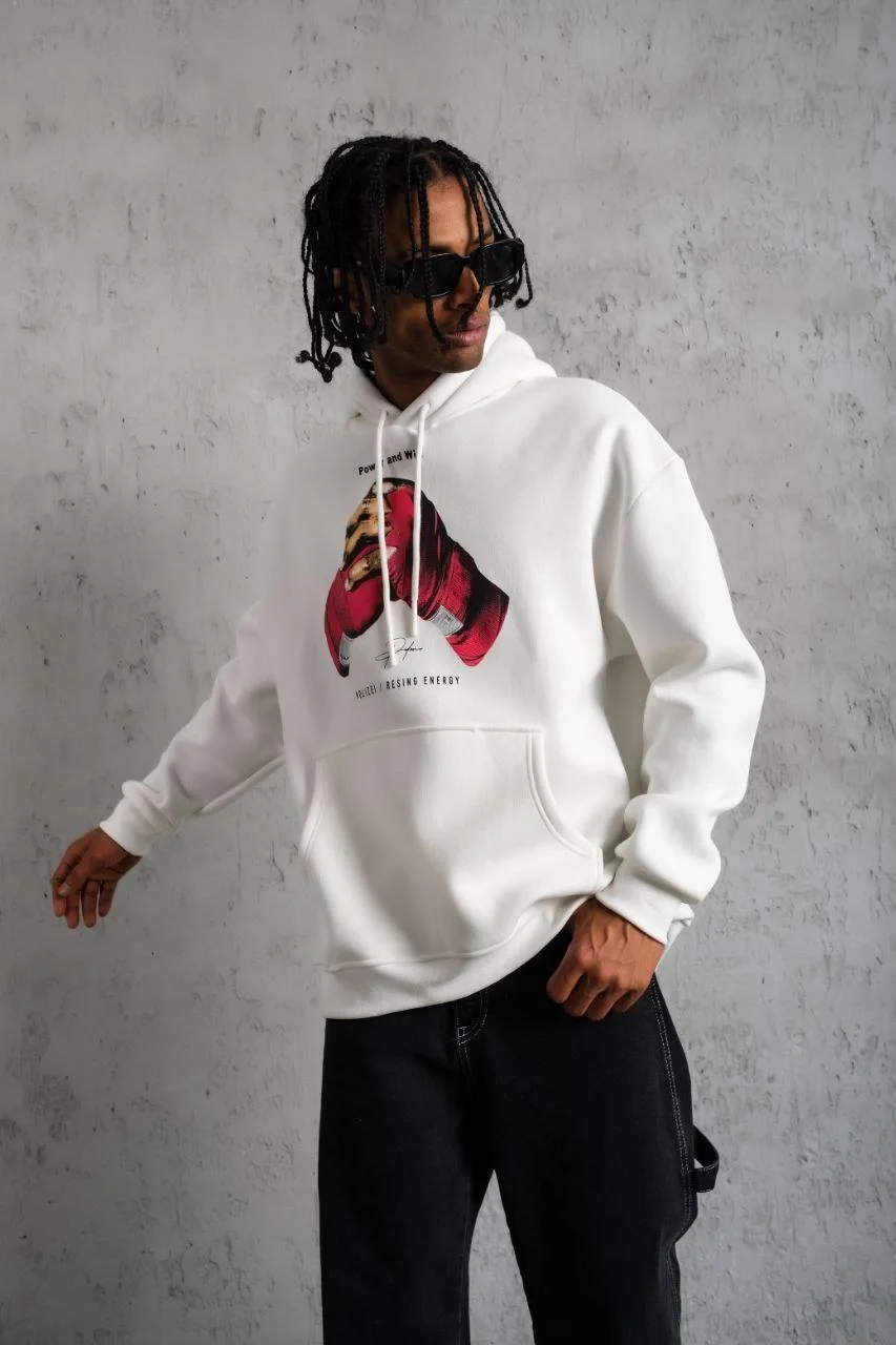 Erkek Eldiven Baskılı Kapüşonlu Sweat - Beyaz Görsel 3