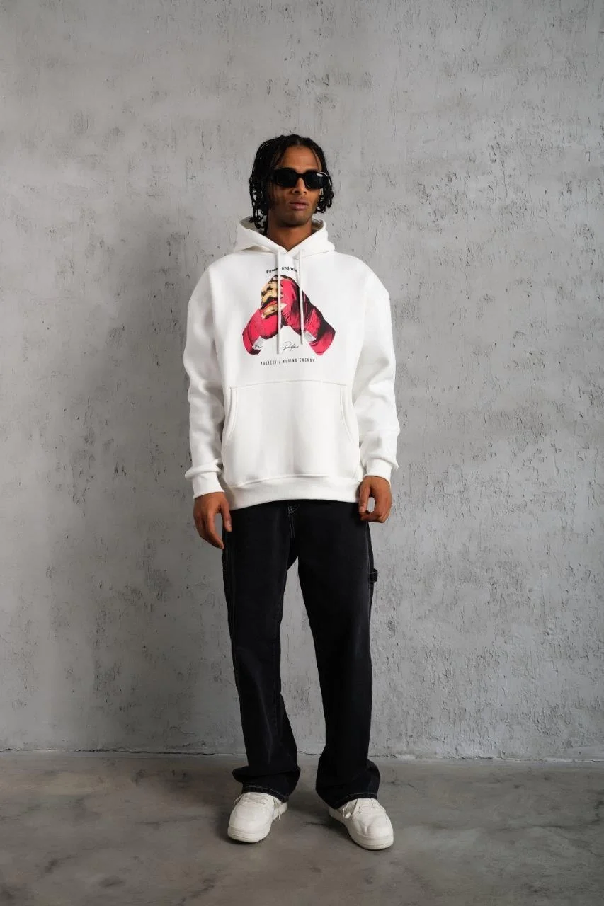 Erkek Eldiven Baskılı Kapüşonlu Sweat - Beyaz Görsel 4