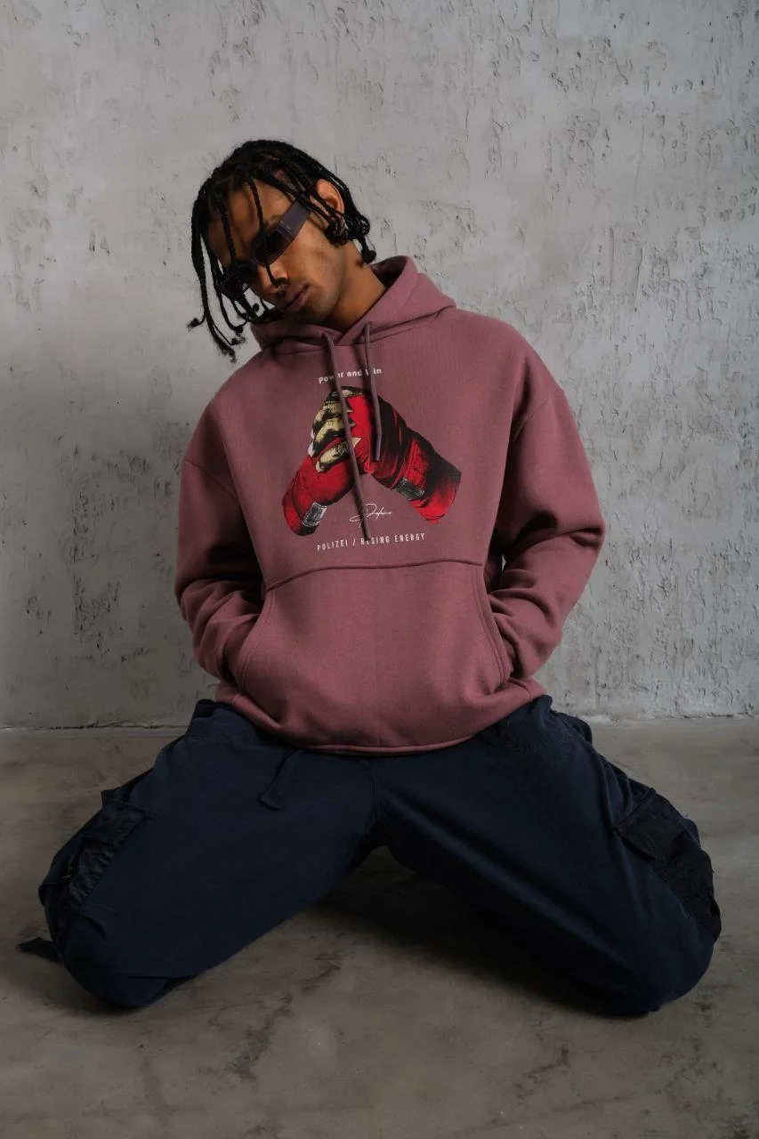 Erkek Eldiven Baskılı Kapüşonlu Sweat - Gül Kurusu Görsel 3