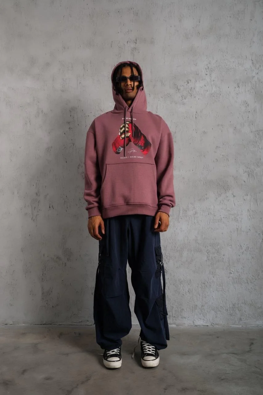 Erkek Eldiven Baskılı Kapüşonlu Sweat - Gül Kurusu Görsel 4