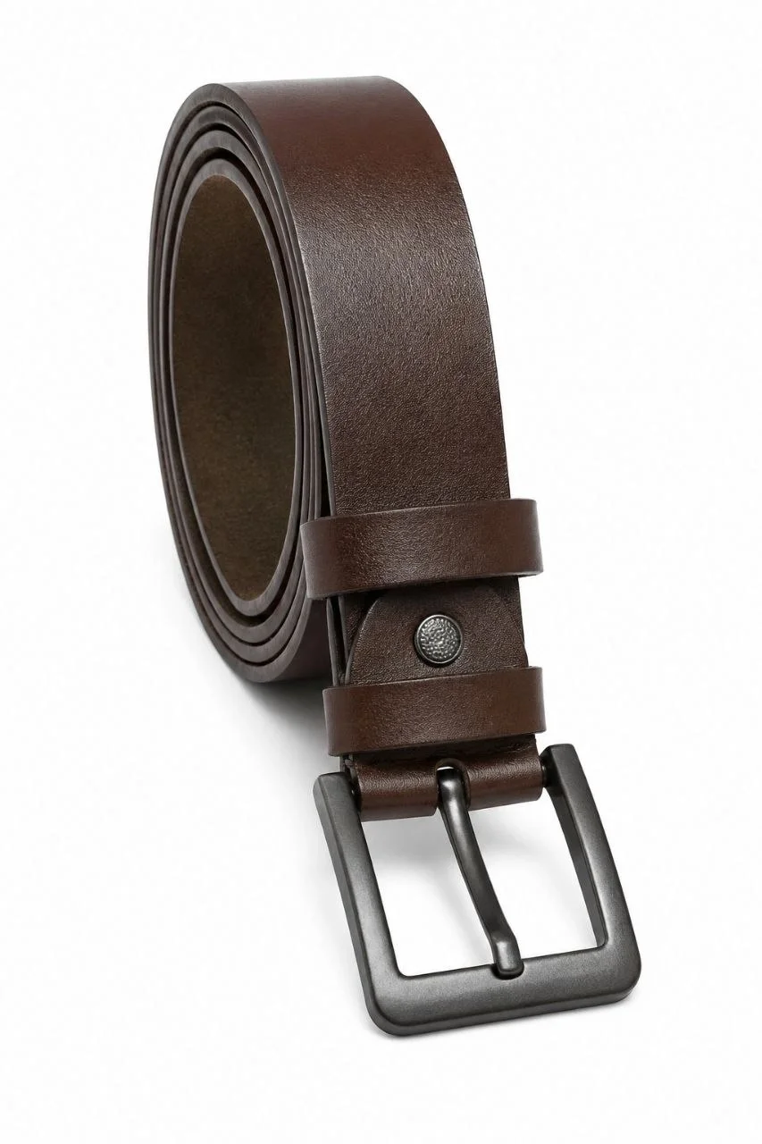Erkek Hakiki Deri 4.5 cm Kot ve Kumaş Pantolon Kemeri Metal Tokalı Kahverengi