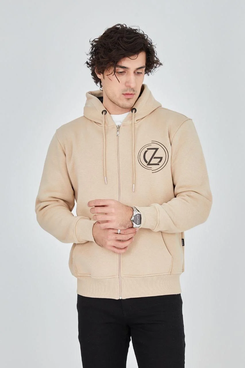 Erkek Kapüşonlu Baskılı Fermuarlı Hırka - Bej Görsel 3