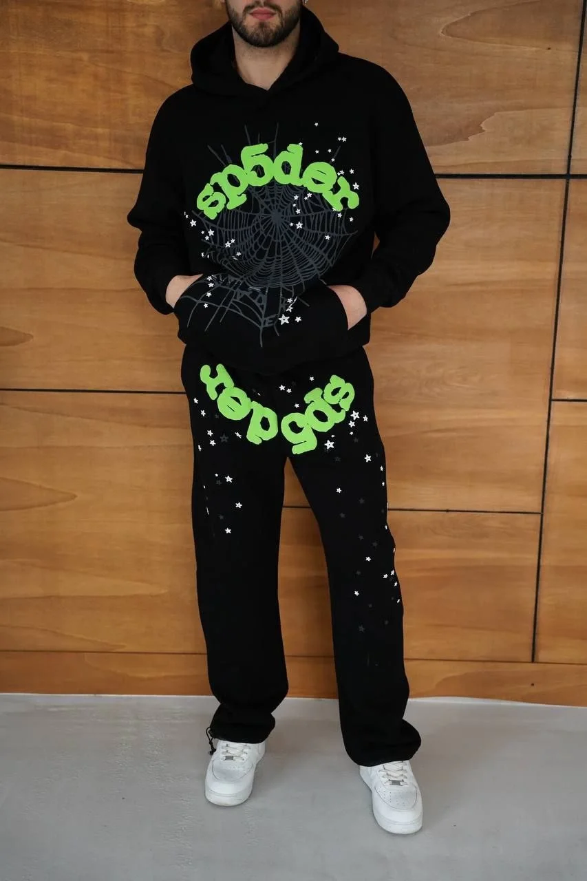 Erkek Kapüşonlu Eşofman Takım Örümcek Ağı ve Neon Yeşil Baskılı Kanguru cepli - Siyah