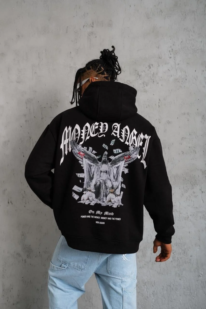 Erkek Kordon İpli Baskılı Kapüşonlu Sweatshirt - Siyah Görsel 2