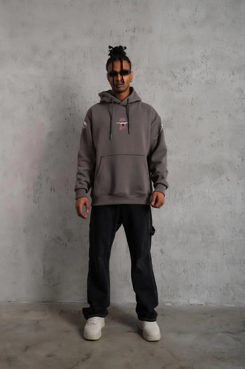 Erkek Maske Baskılı Kapüşonlu Sweat - Gri Görsel 4