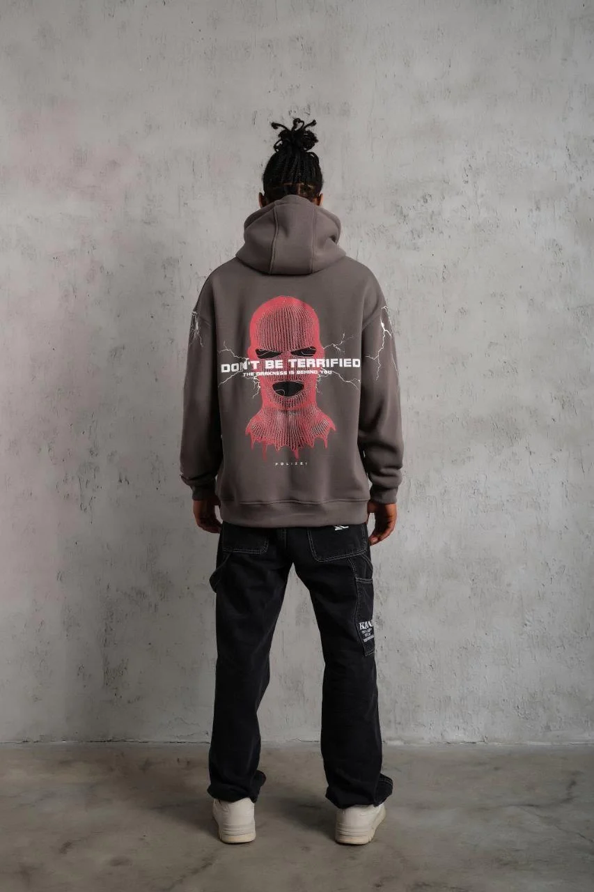 Erkek Maske Baskılı Kapüşonlu Sweat - Gri Görsel 5