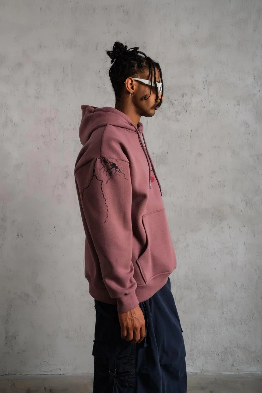 Erkek Maske Baskılı Kapüşonlu Sweat - Gül Kurusu Görsel 4
