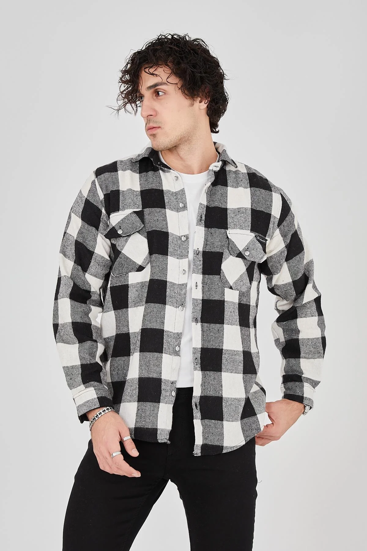 Erkek Oduncu Gömlek – Uzun Kollu, Şardonlu Kumaş, Kareli Desen, Regular Fit, Manşetli, Çift Cepli, Rahat Günlük Bahar & Kış Stil - Siyah Görsel 8