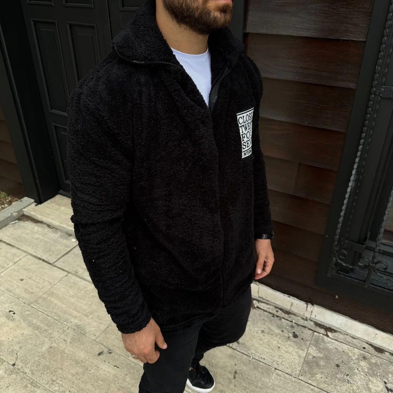 Erkek Polar Fermuarlı Sweatshirt Kapüşonsuz Cepli Yumuşak Dokulu Oversize Kalıp - Siyah