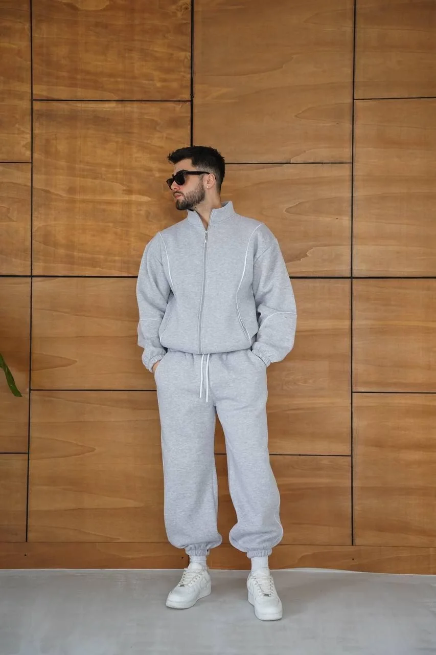 Erkek Premium Parçalı Eşofman Takım - Dik Yaka Fermuarlı Biyeli Sweatshirt Lastik - Gri