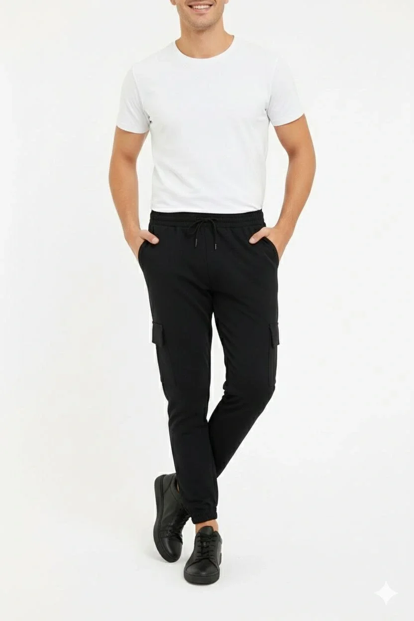 Erkek Siyah Jogger Eşofman Altı Kalıp Kargo Cepli Lastikli Paça Spor Pantolon - Siyah