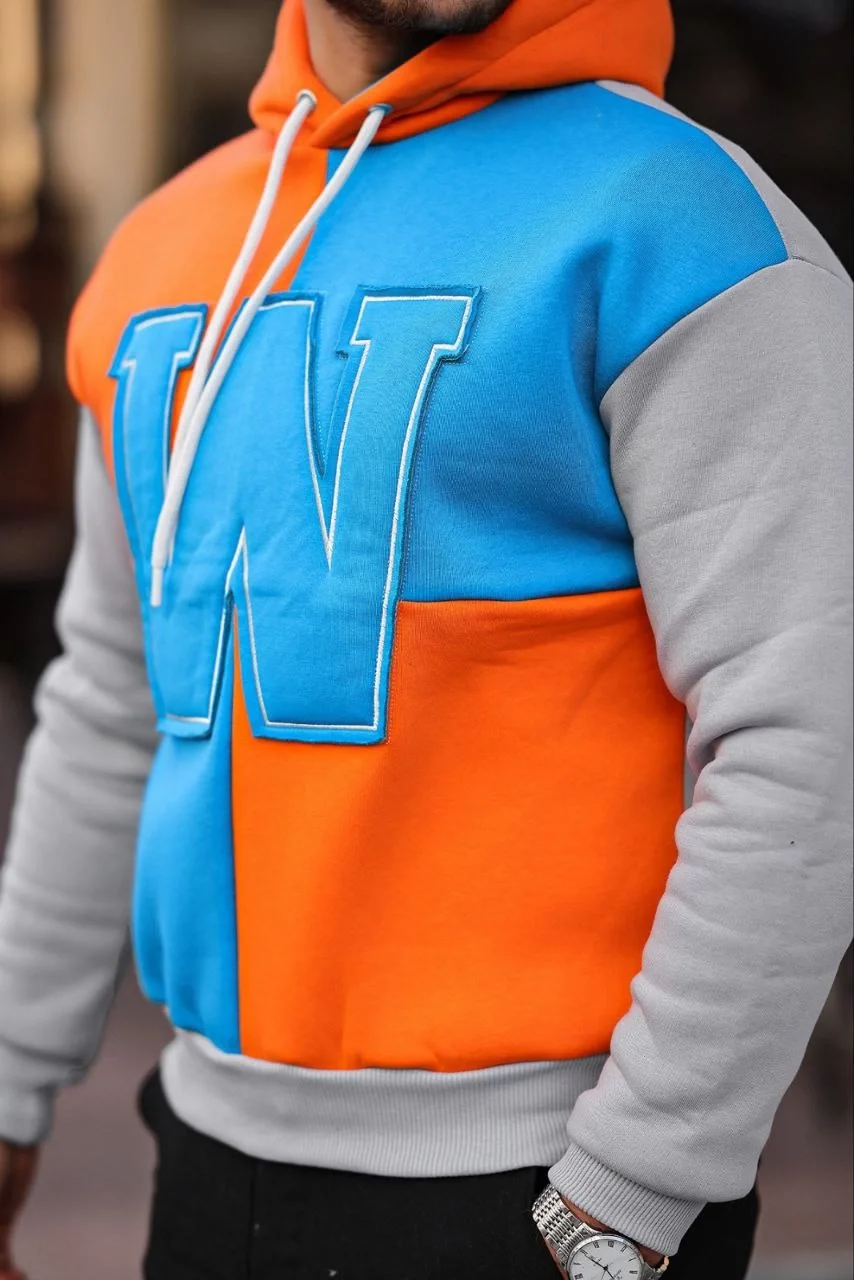 Erkek W Nakış İşlemeli Kapüşonlu Sweatshirt - Mavi Görsel 2