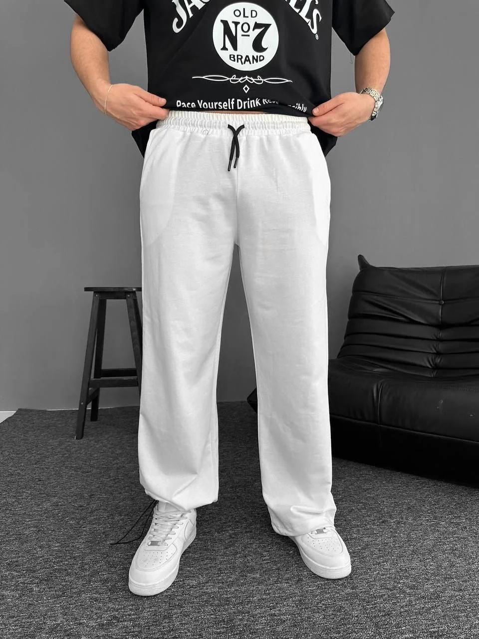 İki İplik Kumaş Beli Lastikli Yan Flota Cepli Baggy Alt Esofman - Beyaz