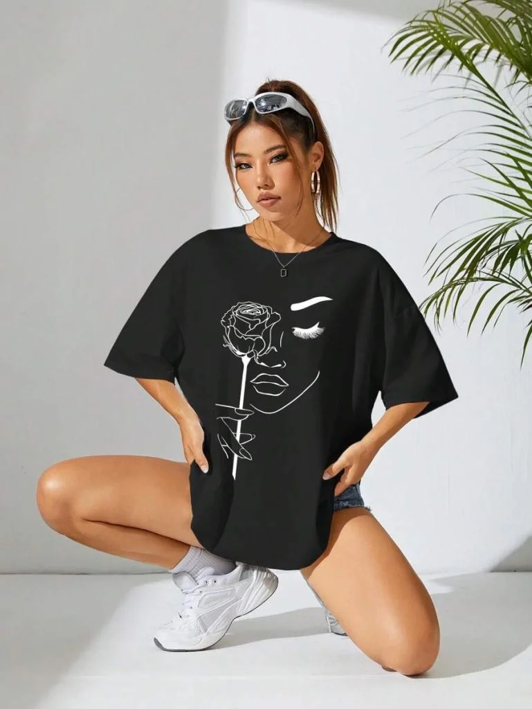Kadın Baskılı Oversize T-shirt - Siyah Görsel 2