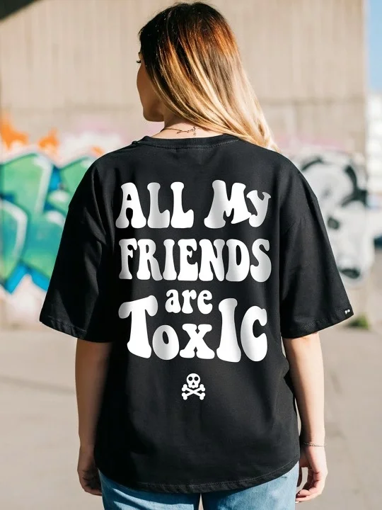 Kadın Baskılı Oversize T-shirt - Siyah Görsel 5