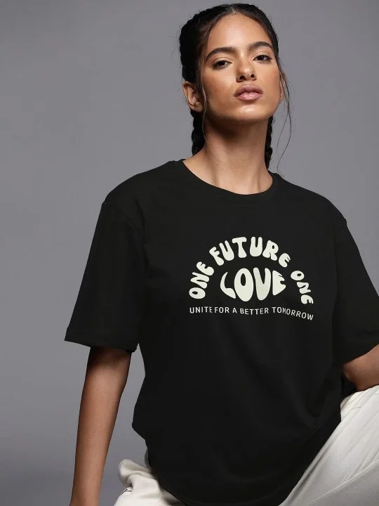 Kadın Baskılı Oversize T-shirt - Siyah