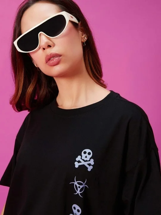 Kadın Baskılı Oversize T-shirt - Siyah Görsel 3