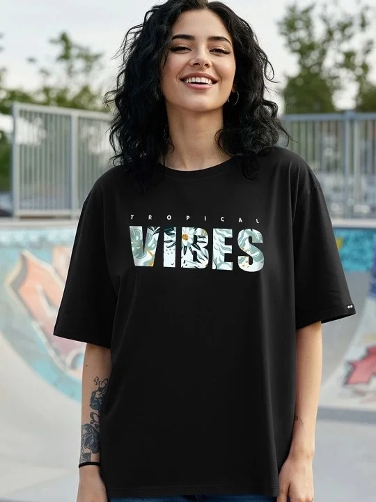 Kadın Baskılı Oversize T-shirt - Siyah Görsel 3