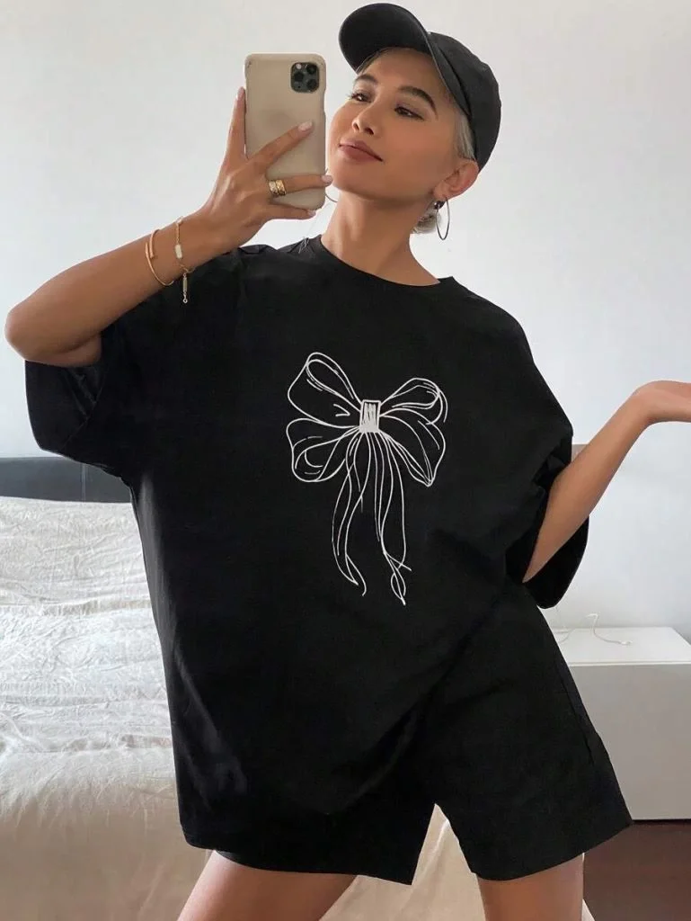 Kadın Baskılı Oversize T-shirt - Siyah Görsel 7