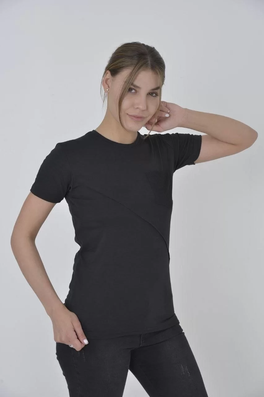 Kadın File Cepli Slim fit T-shirt - Siyah