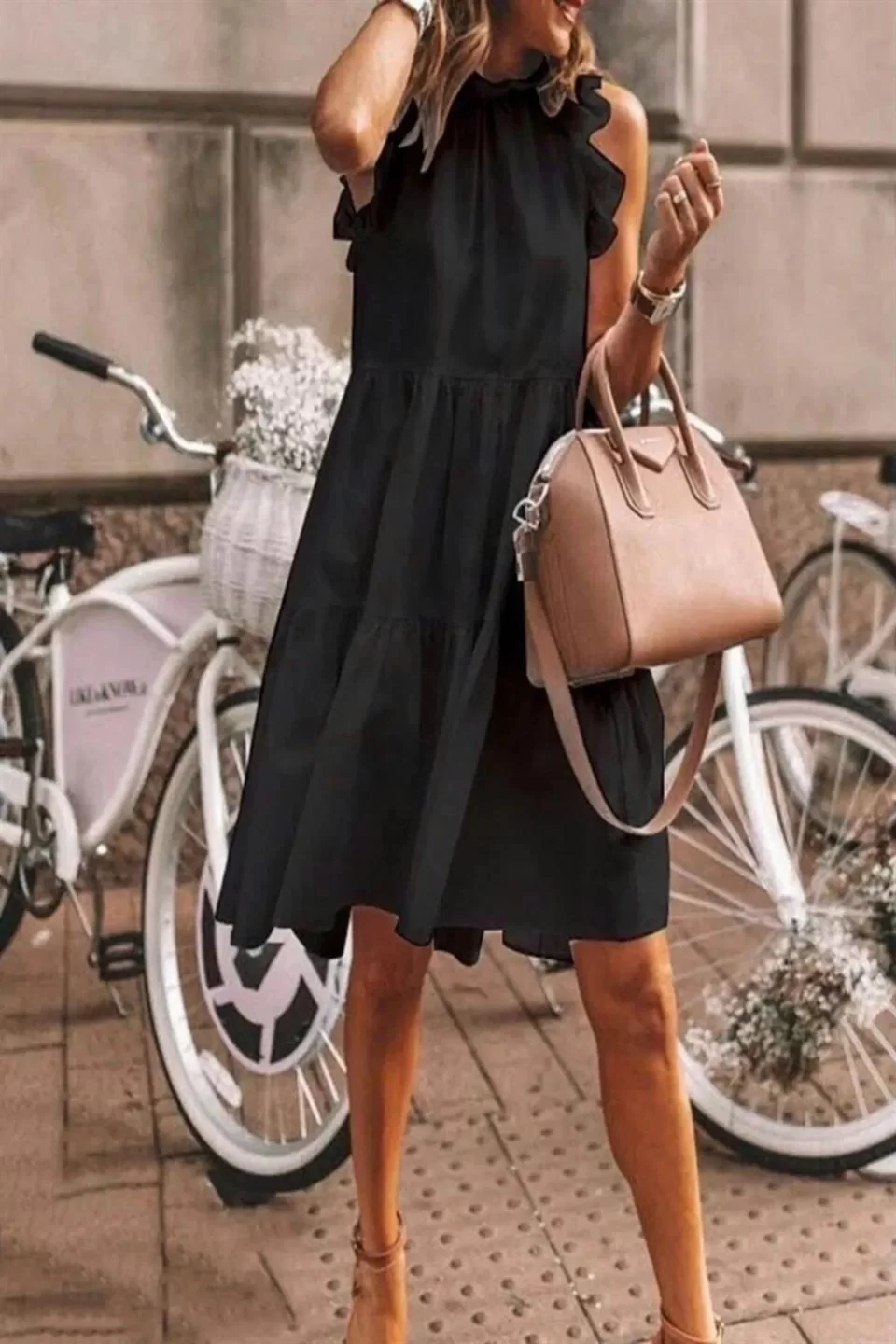 Kadın Kat Kat Basic Sıfır Kol Elbise - Siyah