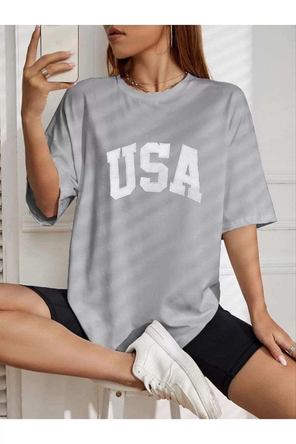 Kadın Nakışlı Oversize T-Shirt - Gri