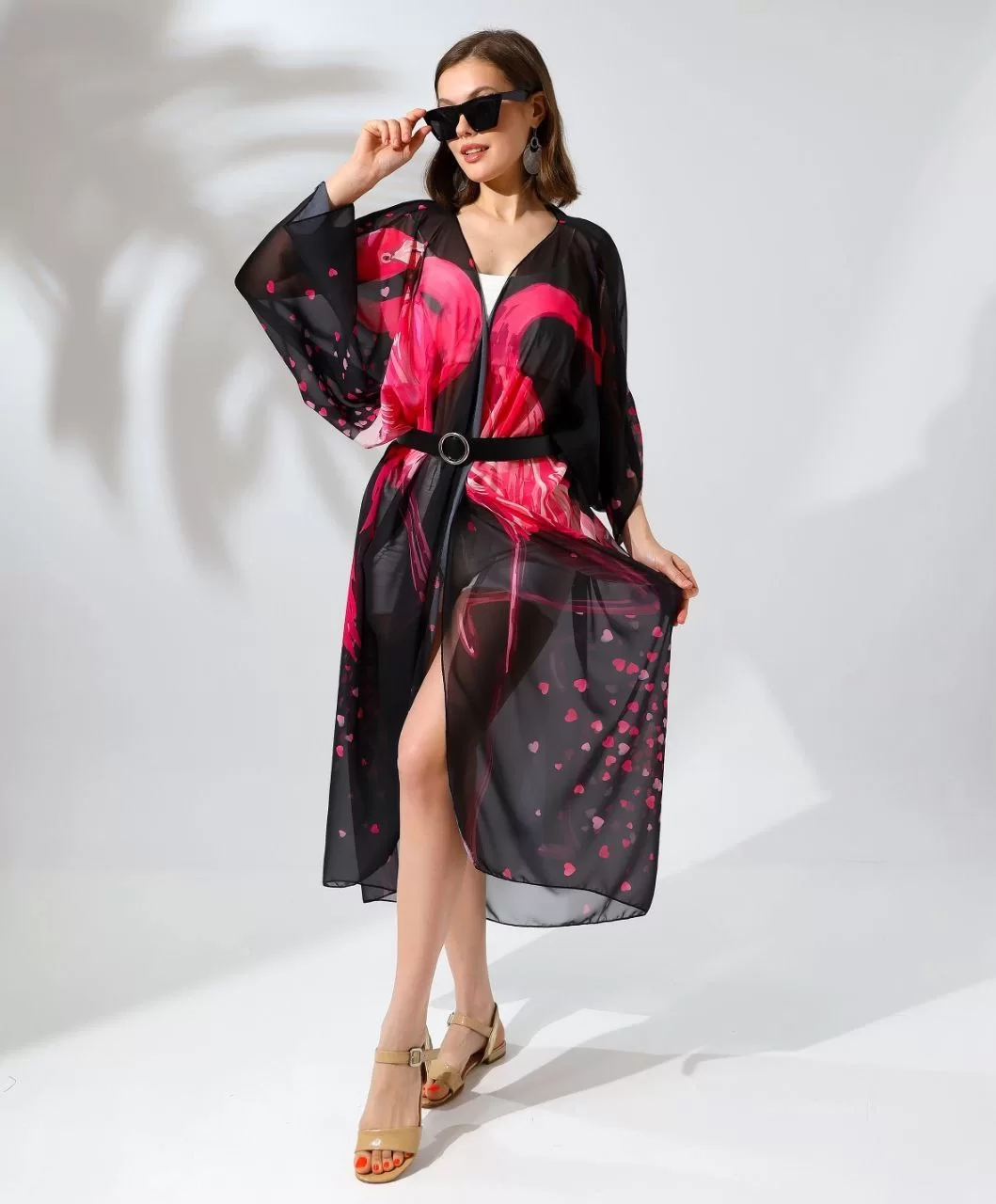 Kadın Rahat Kesim Kemerli Şifon Kimono - Siyah