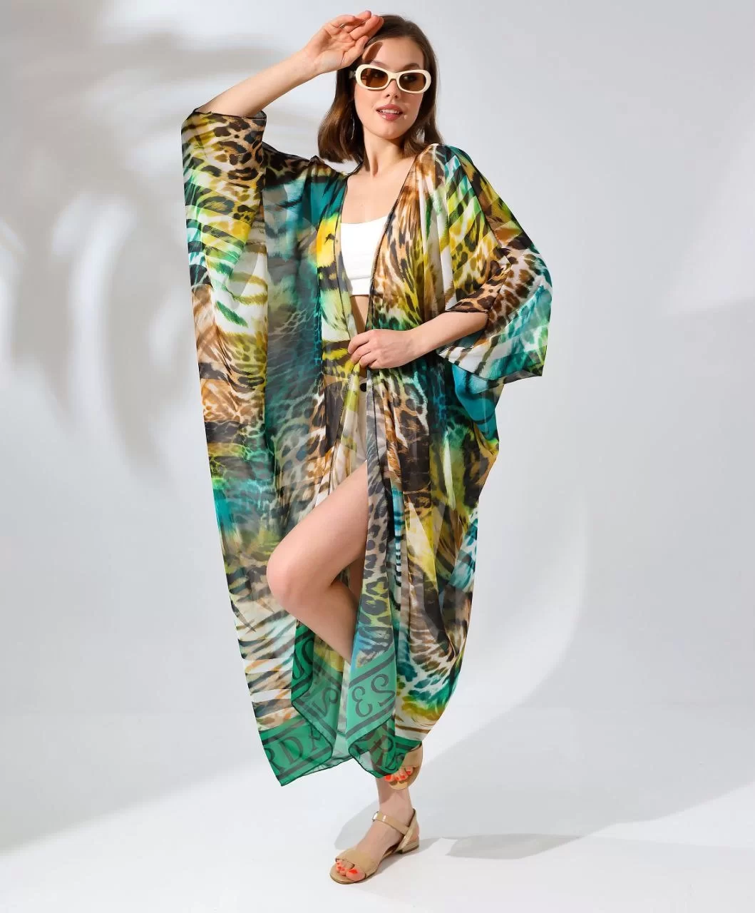 Kadın Rahat Kesim Kemerli Şifon Kimono - Leopar