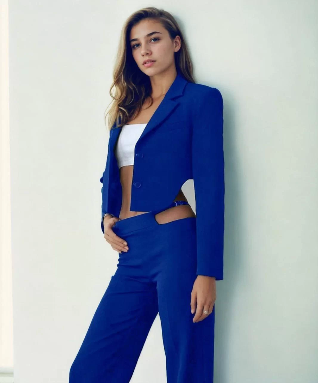 Kadın Sırt Dekolteli Pantolon ve Ceket Takım - Mavi