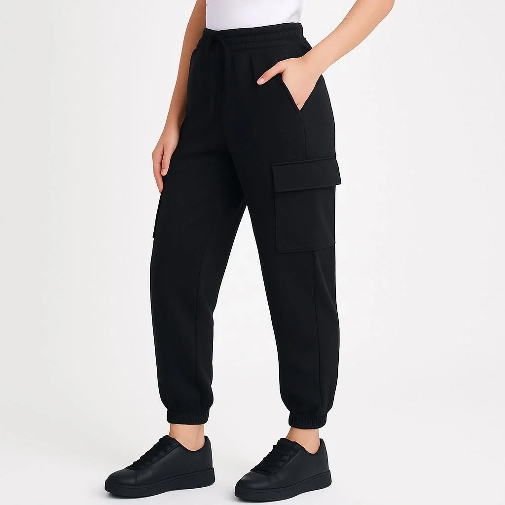 Kadın Siyah Jogger Eşofman Altı Kalıp Kargo Cepli Lastikli Paça Spor Pantolon - Siyah