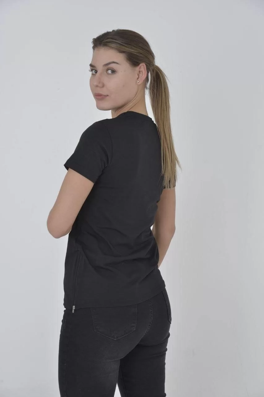 Kadın Yandan Fermuarli Slim fit T-shirt - Siyah