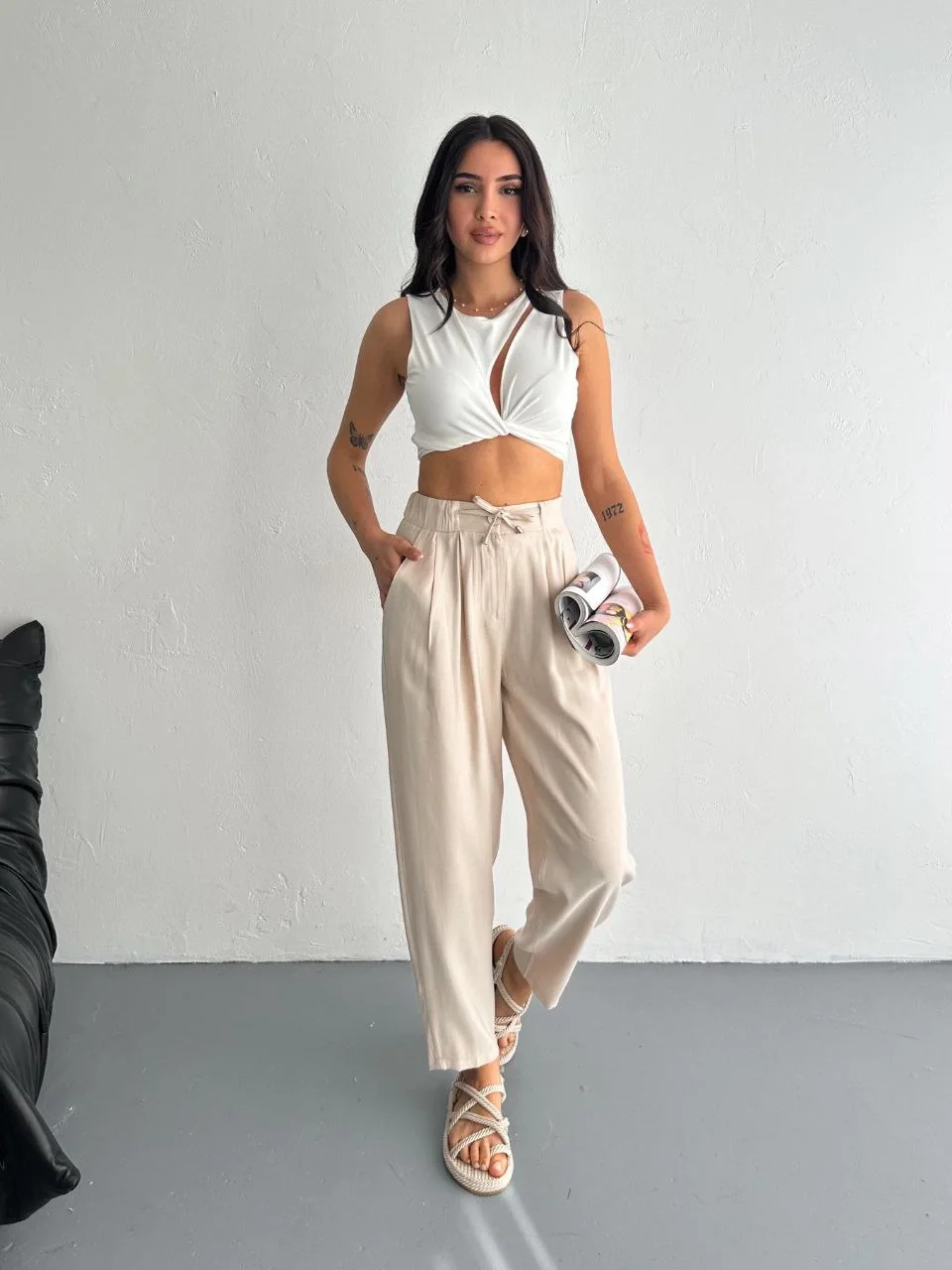 Kadın Yüksel Bel Beli Bağcıklı Rahat Boru Paça Pantalon - Kırık Beyaz