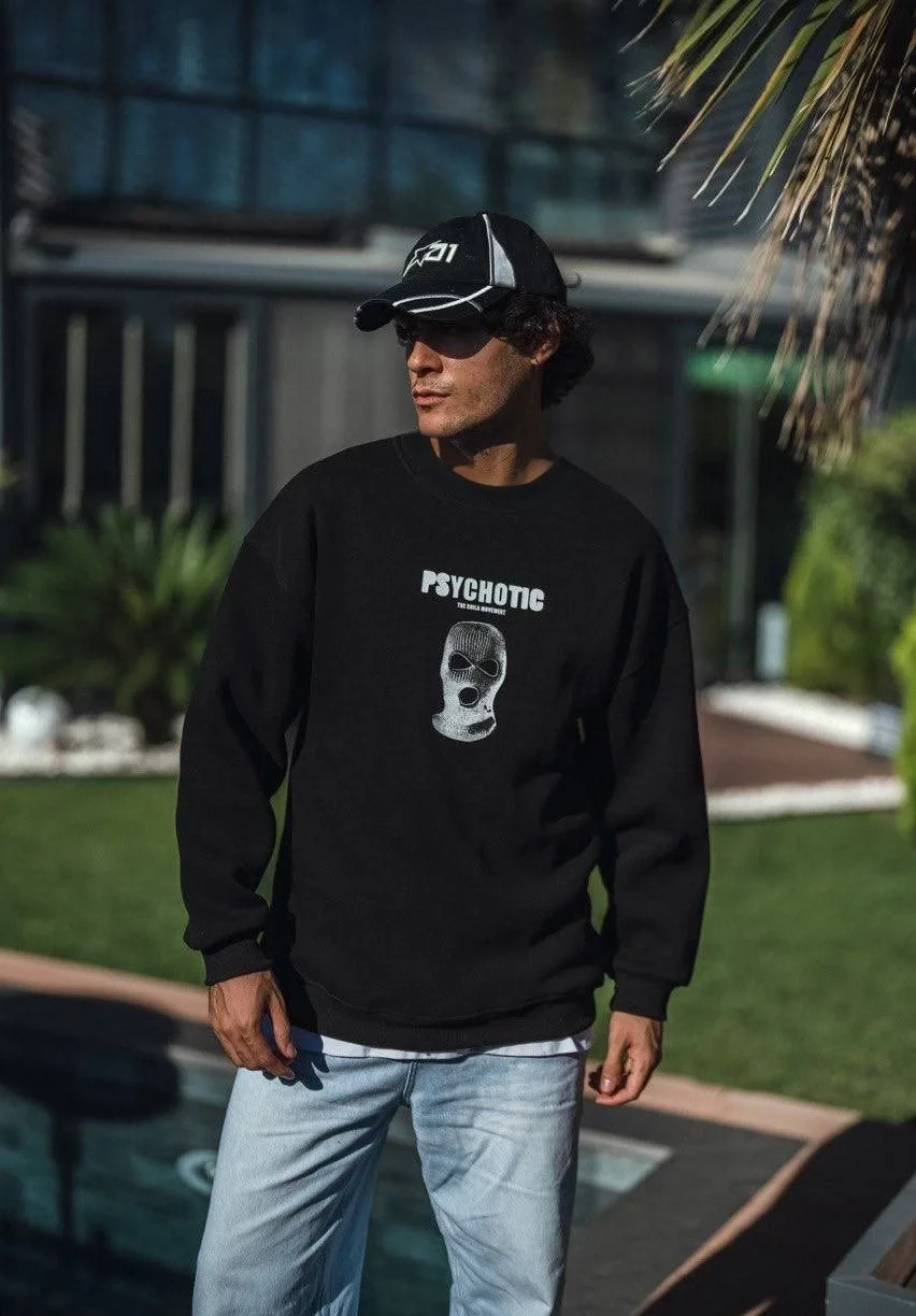 Kışlık Bisiklet Yaka Baskılı SweatShirt - Siyah Görsel 2