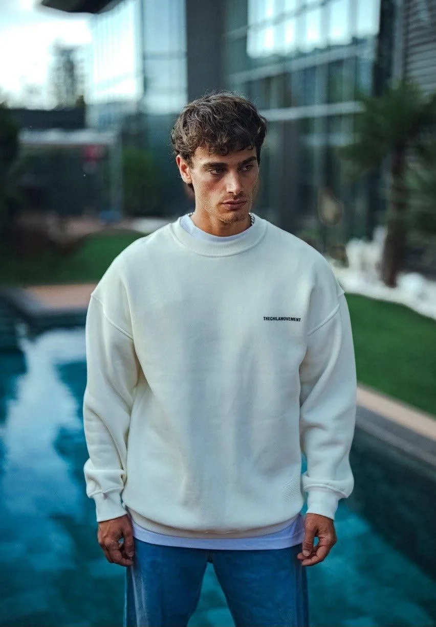 Kışlık Bisiklet Yaka Oversize Baskılı SweatShirt - Beyaz Görsel 2
