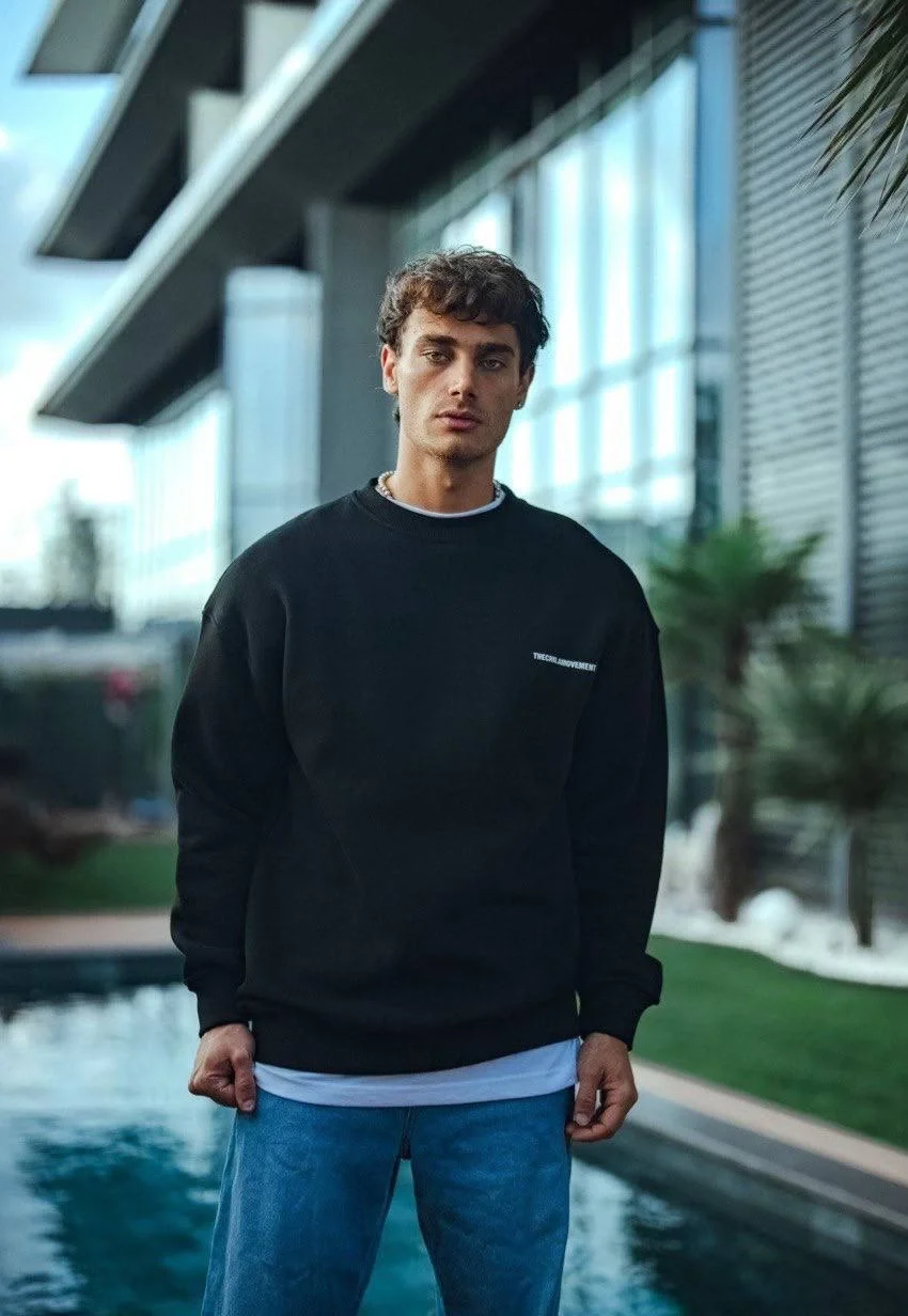 Kışlık Bisiklet Yaka Oversize Baskılı SweatShirt - Siyah Görsel 3