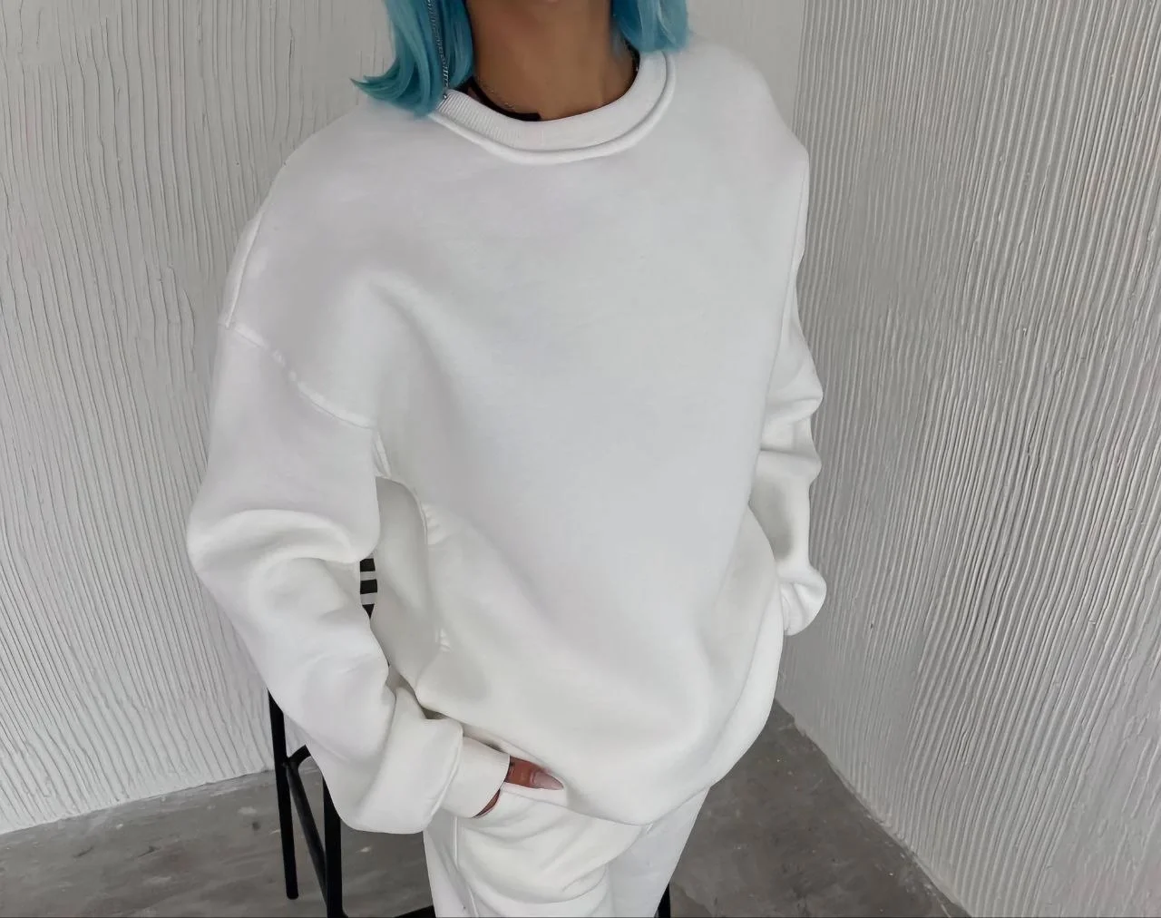 Kışlık Bisiklet Yaka Üç İplik Basic SweatShirt - Beyaz Görsel 2