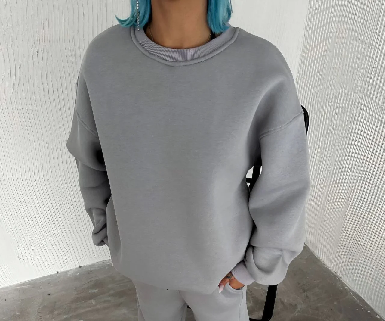 Kışlık Bisiklet Yaka Üç İplik Basic SweatShirt - Gri Görsel 2