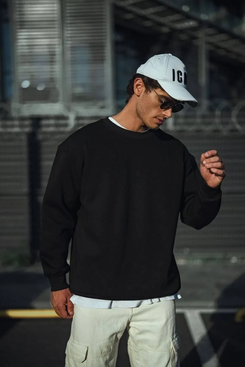 Kışlık Bisiklet Yaka Üç İplik Basic SweatShirt - Siyah Görsel 3