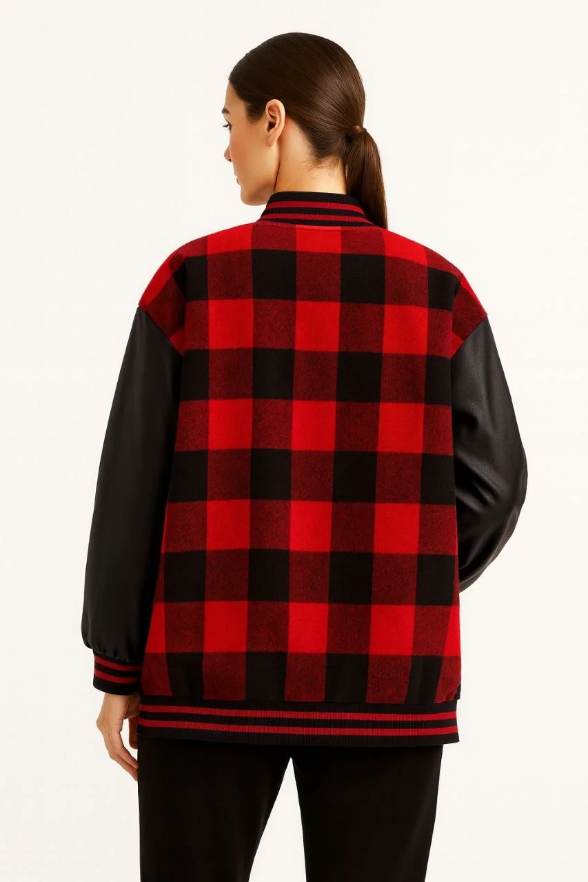 Kadın Kolej Ceket Kareli Oduncu Kolları Suni Deri Fermuarlı İçi Kapitone Astarlı - Bordo