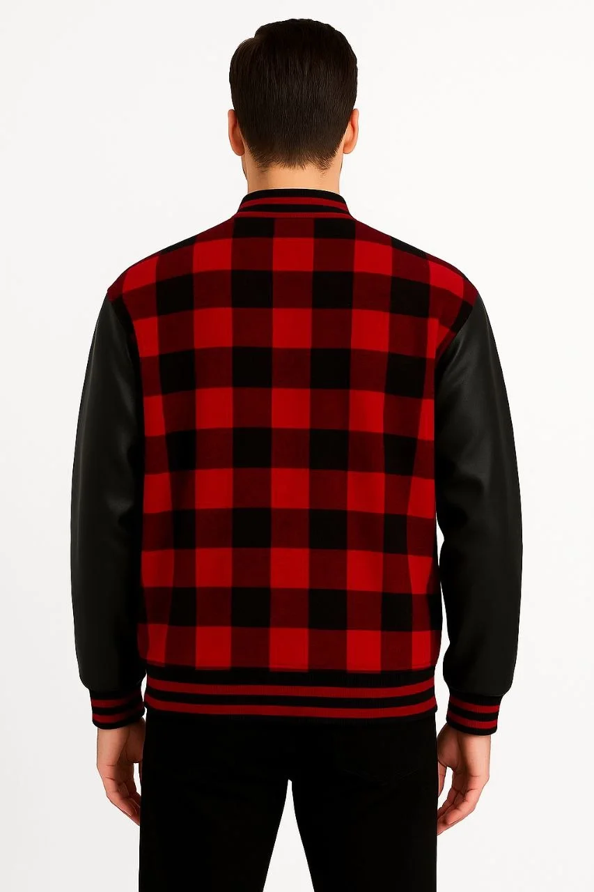 Erkek Kolej Ceket Kareli Oduncu Kolları Suni Deri Fermuarlı İçi Kapitone Astarlı - Bordo