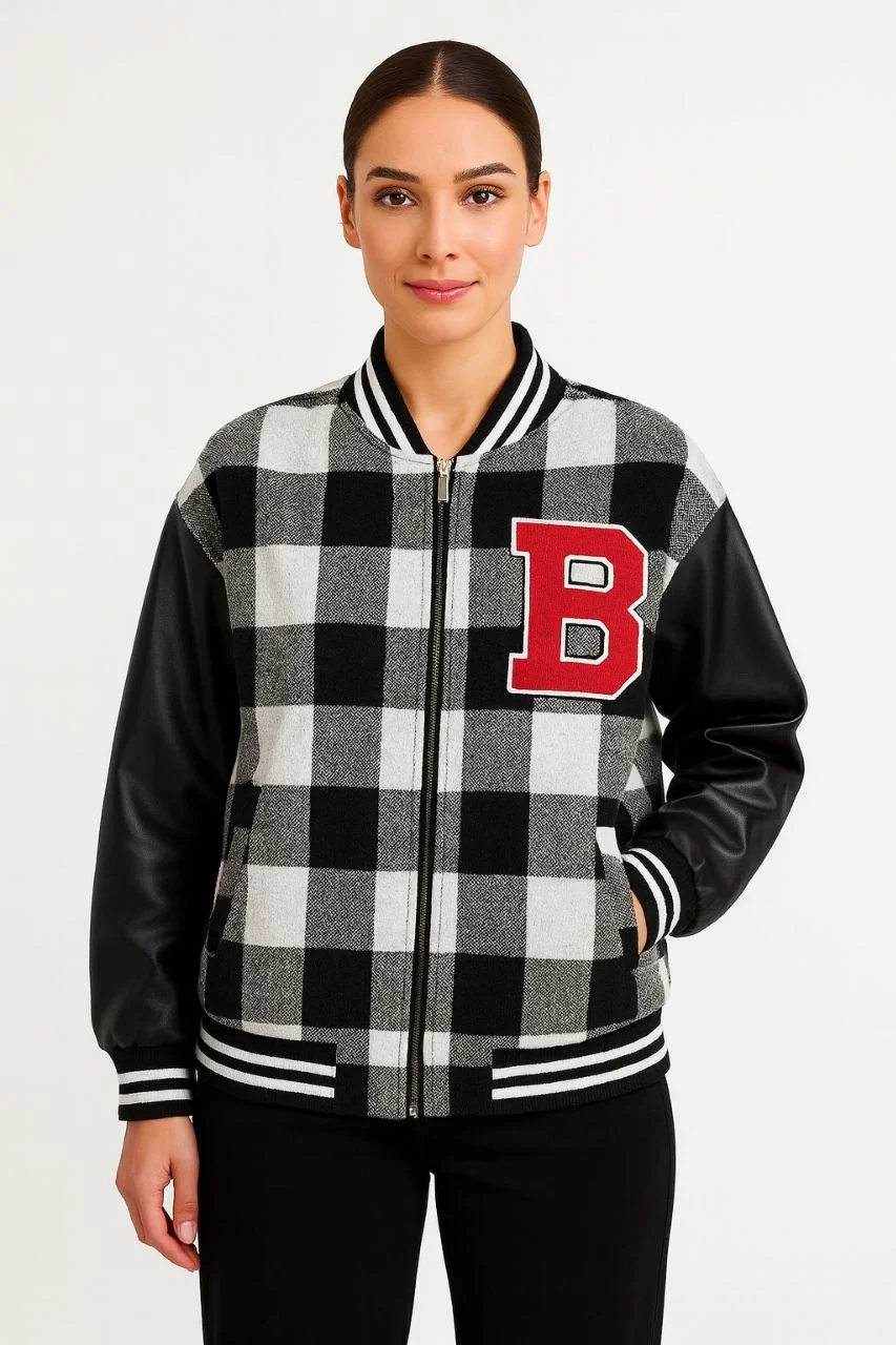 Kadın Kolej Ceket Kareli Oduncu Kolları Suni Deri Fermuarlı İçi Kapitone Astarlı - Gri