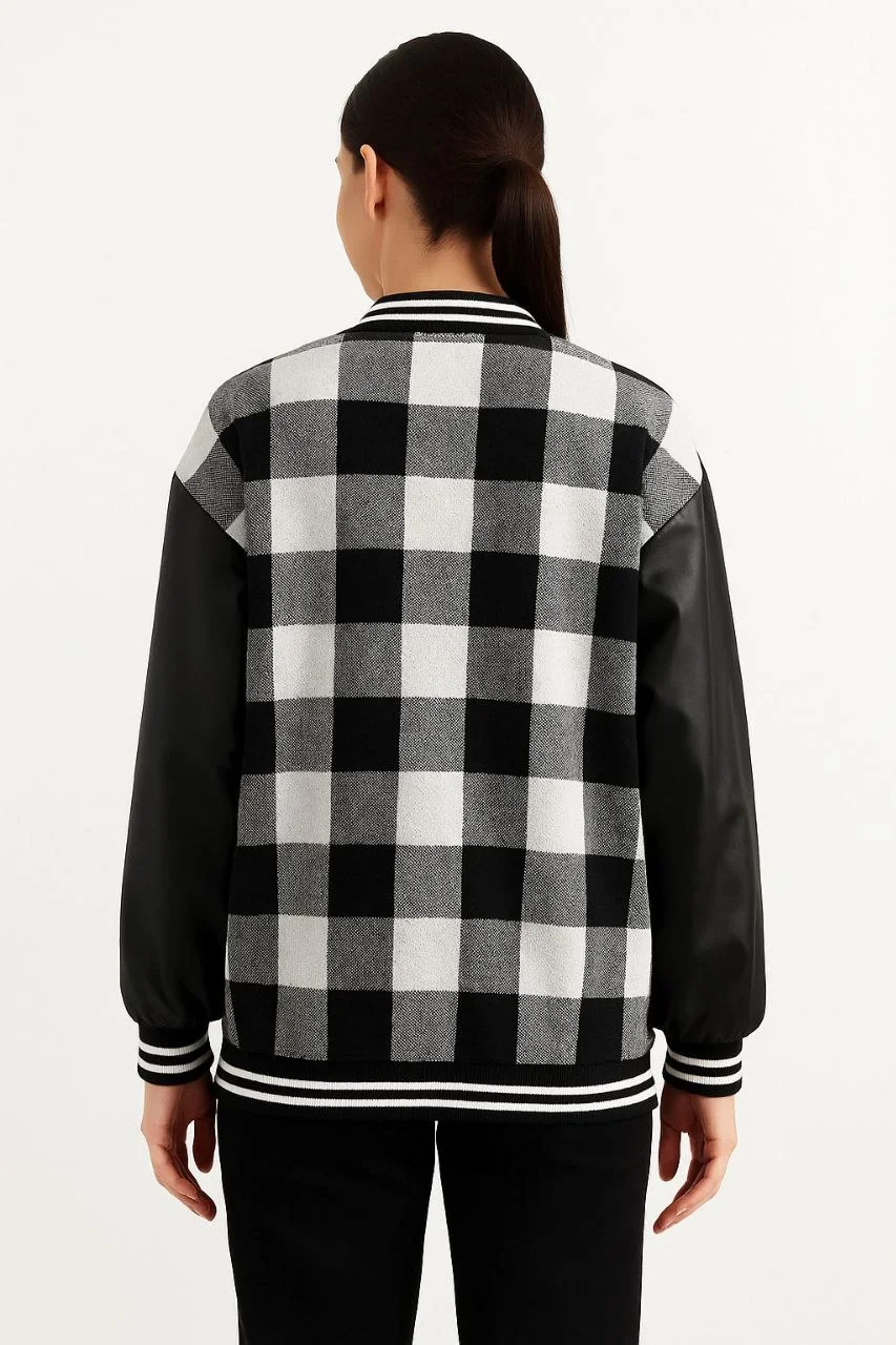 Kadın Kolej Ceket Kareli Oduncu Kolları Suni Deri Fermuarlı İçi Kapitone Astarlı - Gri