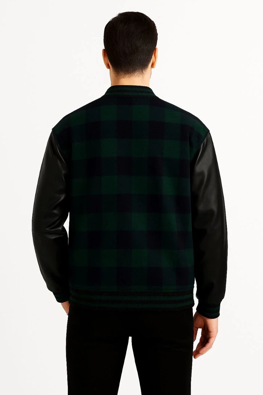 Erkek Kolej Ceket Kareli Oduncu Kolları Suni Deri Fermuarlı İçi Kapitone Astarlı - Haki