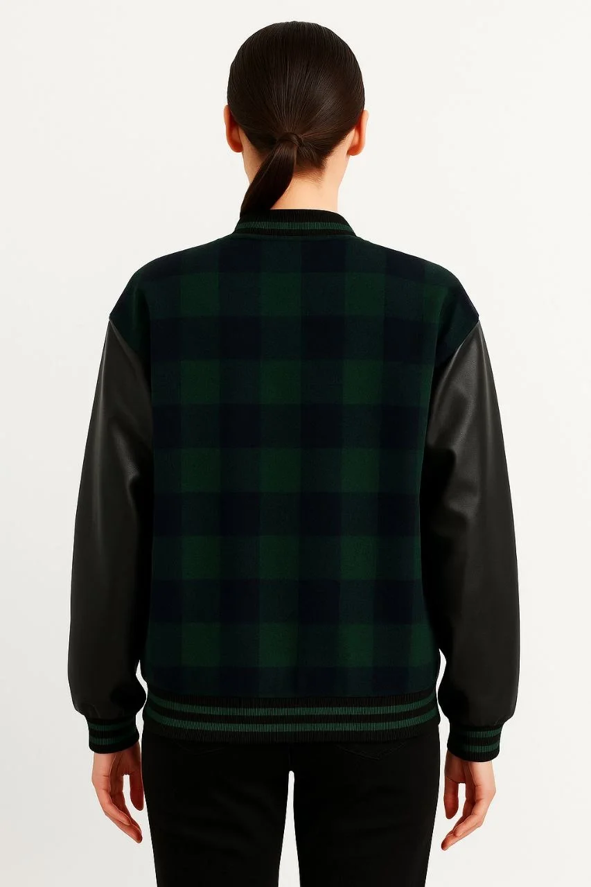 Kadın Kolej Ceket Kareli Oduncu Kolları Suni Deri Fermuarlı İçi Kapitone Astarlı - Haki