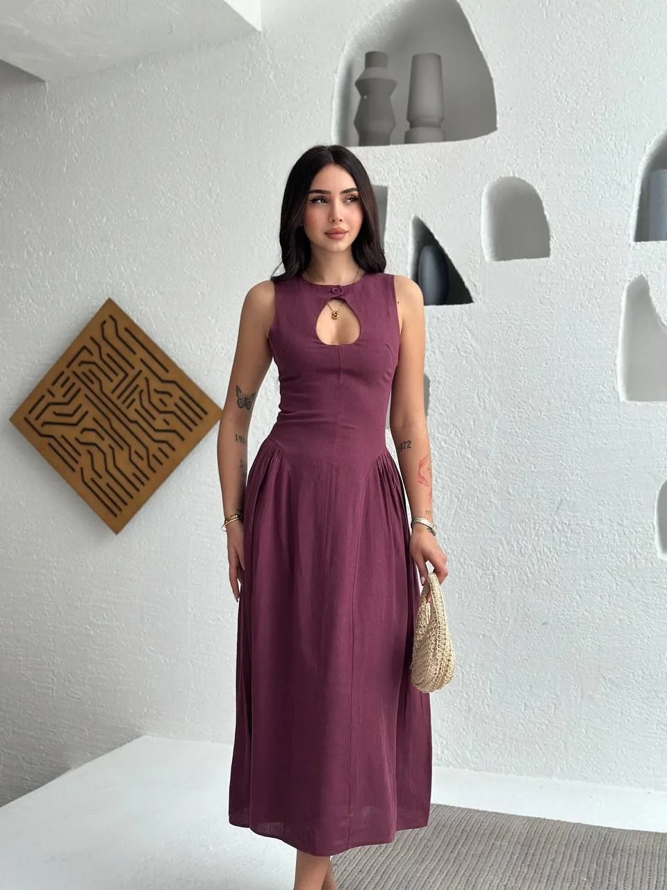 Kolsuz Uzun Kabardin Elbise - Bordo Görsel 7