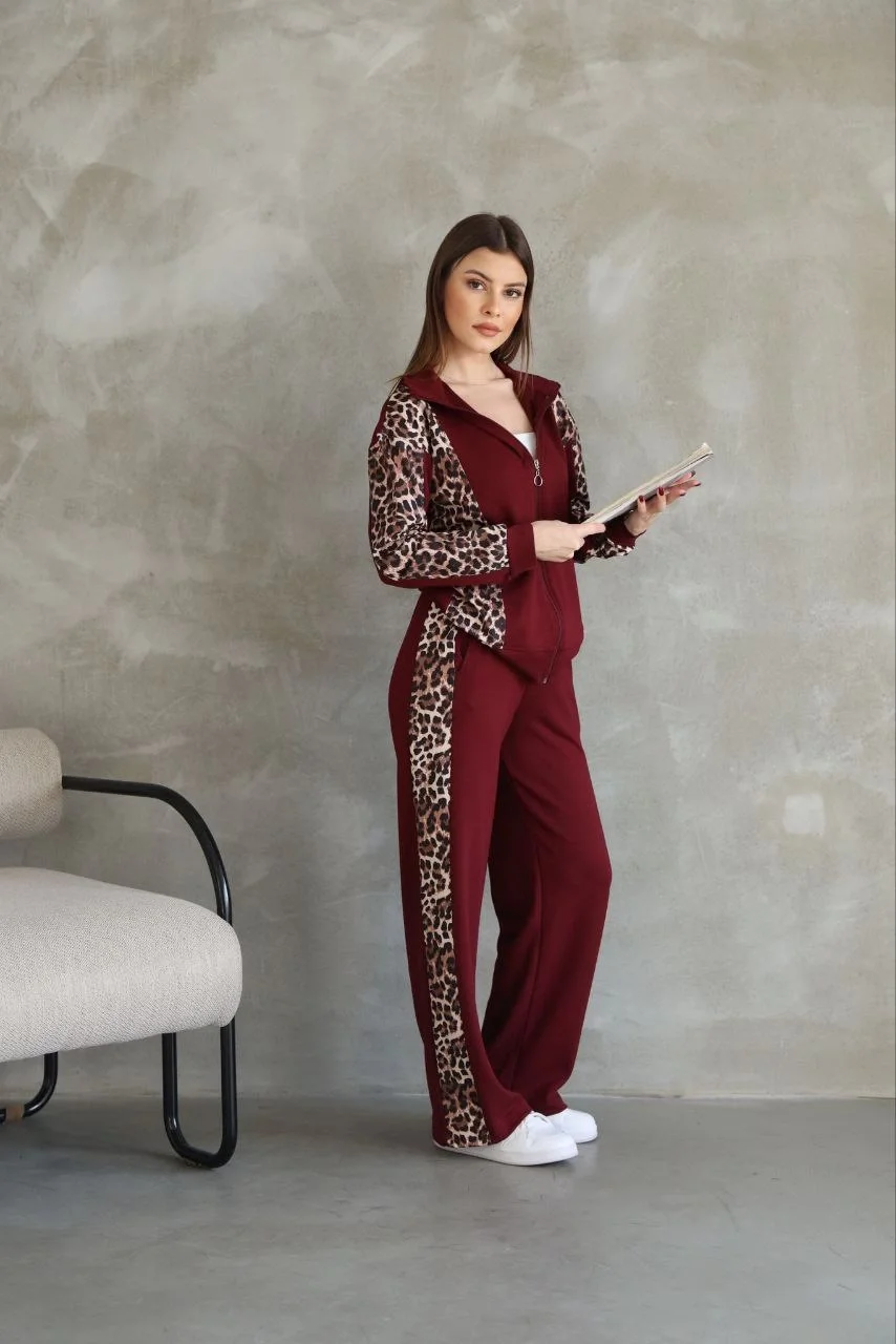 Osy Modal Yumuşak Dokulu Kapüşonlu Leopar Desenli Fermuarlı Takım - Bordo