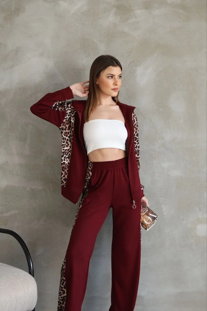 Osy Modal Yumuşak Dokulu Kapüşonlu Leopar Desenli Fermuarlı Takım - Bordo