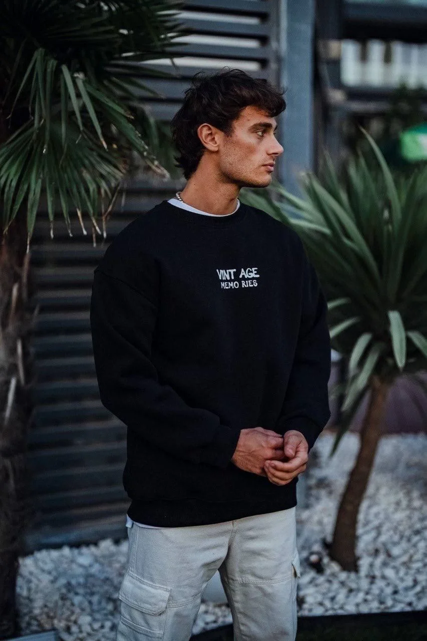 Oversize Bisiklet Yaka Üç İplik Baskılı SweatShirt - Siyah Görsel 3
